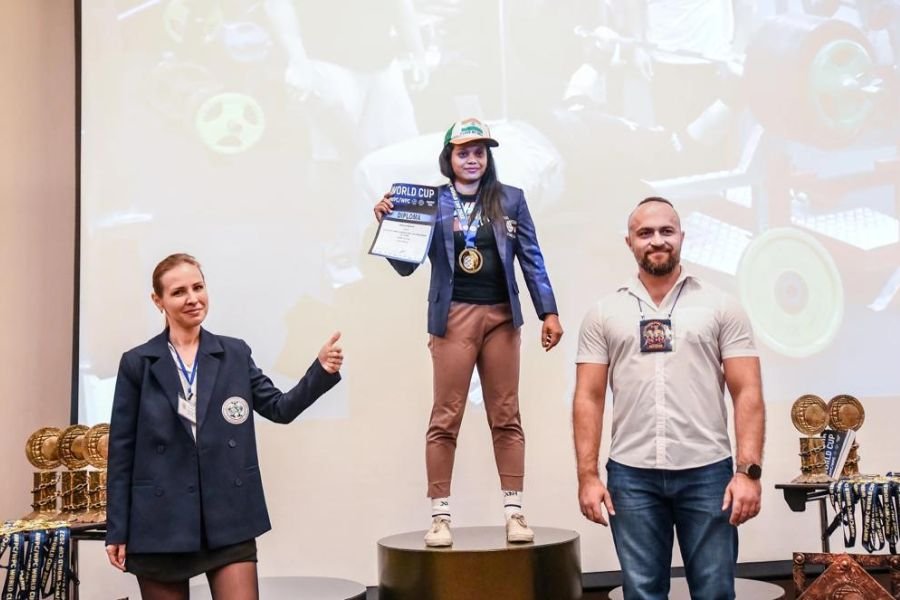 Pooja Ajay kumar Mehta from Ahmedabad grabs two gold medals and creates a world record at the World Powerlifting competition held in Moscow, Russia