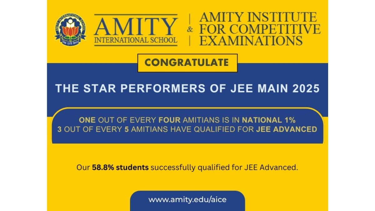 Amity’s Students Excels in JEE Main 2025 with 68 Scoring 99 Percentile Plus and Strong JEE Advanced Results