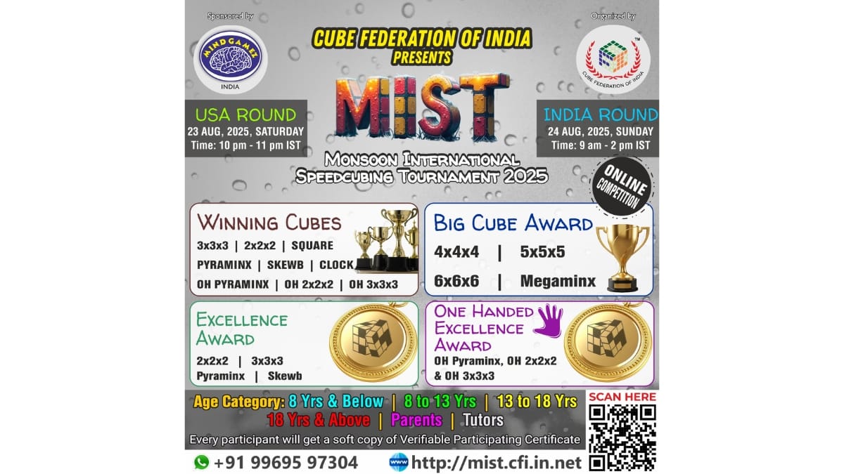 Cube Federation of India and Mindgamez Announce MIST 2025 Monsoon SpeedCubing Tournament